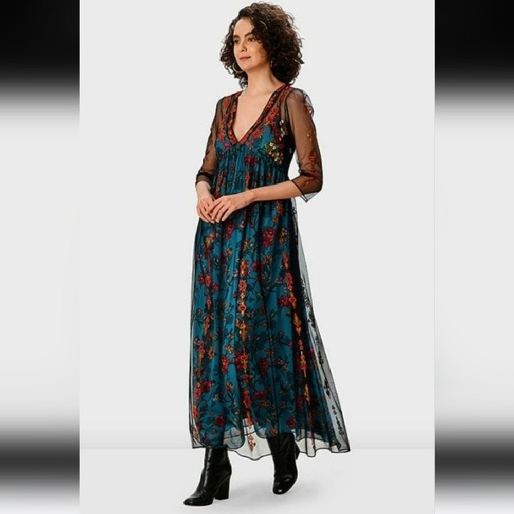 Eshakti Embellished Tulle Floral Print Georgette Empire Dress Size S - Picture 12 of 16